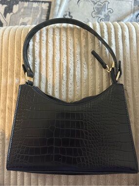 Black Croc-Embossed Shoulder Bag